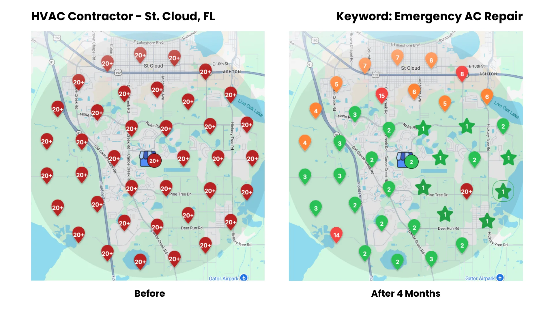 Before-and-after Google Maps ranking heatmap for a hvac contractor in St. Cloud, FL