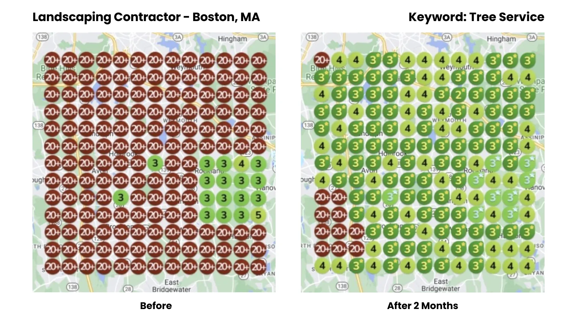 Before-and-after Google Maps ranking heatmap for a landscaping in Boston, MA