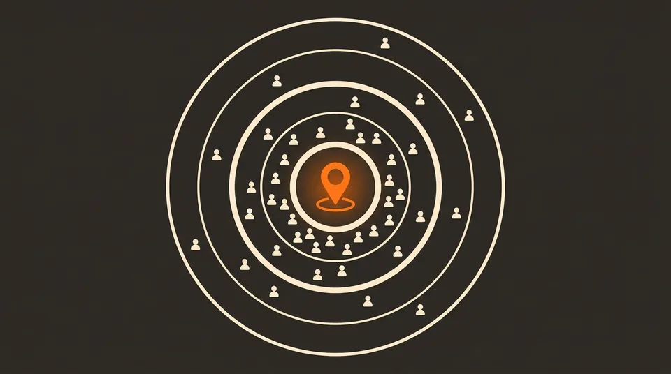 Illustration of target rings with people dots and a map pin, representing local audience targeting