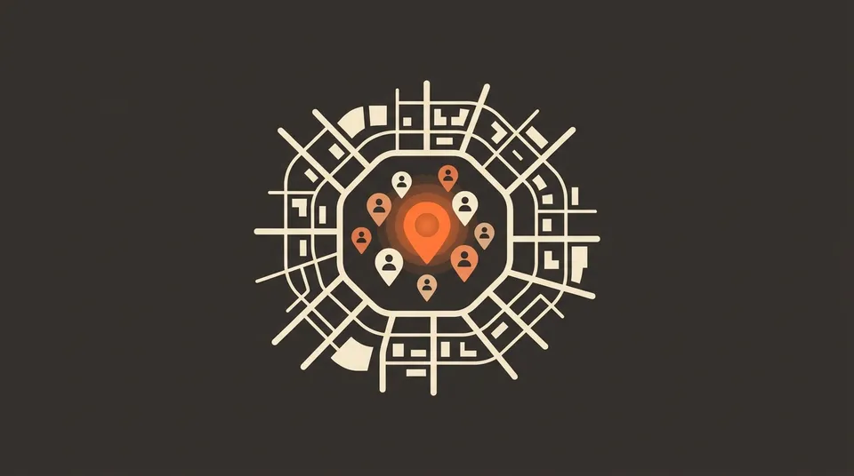 Illustration of a map with person pins gathering around a center pin, representing local audience building